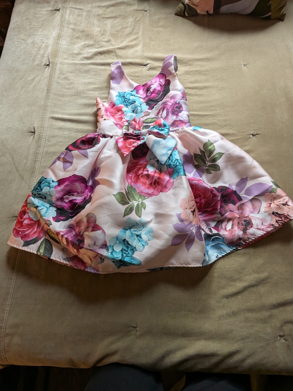 Floral Bow-Front Girls' Party Dress in Cream with Multicolor Blooms